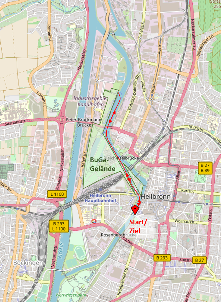 Karte mit Route der Kanu-Stadtrundfahrt in Heilbronn
