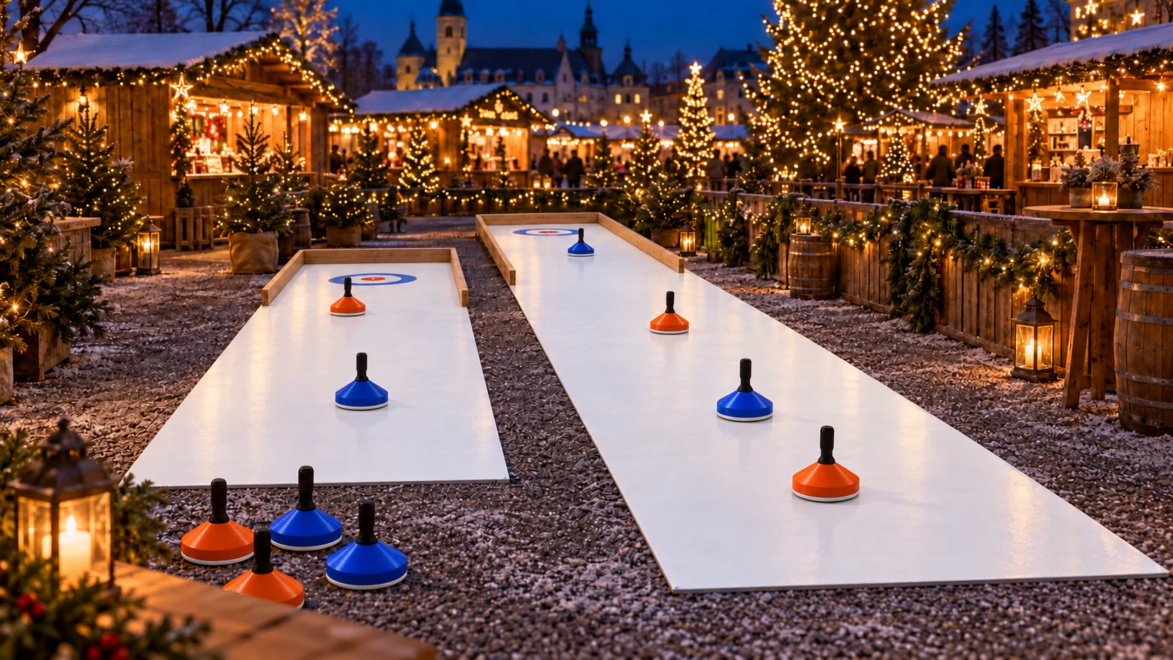 Blaue und orange Eisstöcke mit aufrechten schwarzen Griffen auf zwei Kunststoffbahnen in winterlicher Marktatmosphäre. KI-generiertes Motiv.