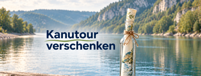 Hohe Glasflasche mit gerolltem Gutschein am Fluss und dem Schriftzug „Kanutour verschenken“.
