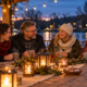 Symbolbild einer winterlichen Teamrunde mit heißen Getränken und Lichterketten am Fluss.