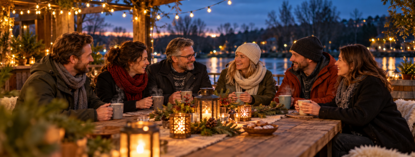 Symbolbild einer winterlichen Teamrunde mit heißen Getränken und Lichterketten am Fluss.